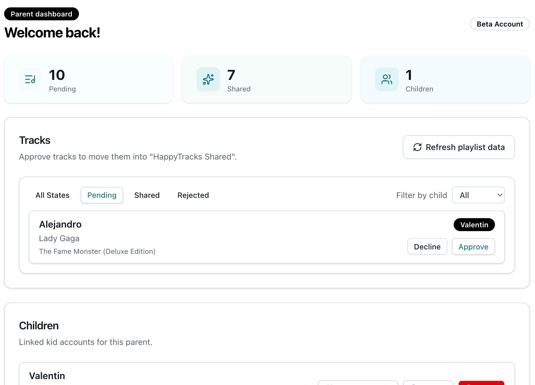 Parent dashboard showing the request queue